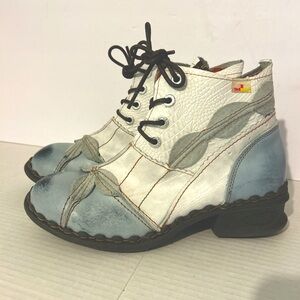 White and Blue Statement Patchwork Artsy Leather Ankle Boots.  Styled in Germany
